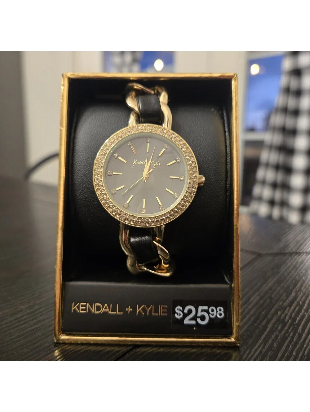 Kendall Kylie Black Gold Tone Rhinestone Watch Womens Chain Band New In Box
